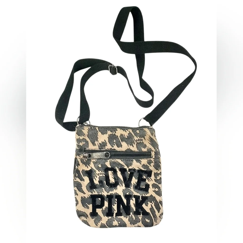 Victorias Secret Love Pink Crossbody Purse Bag Women’s Cheetah Print Black Beige